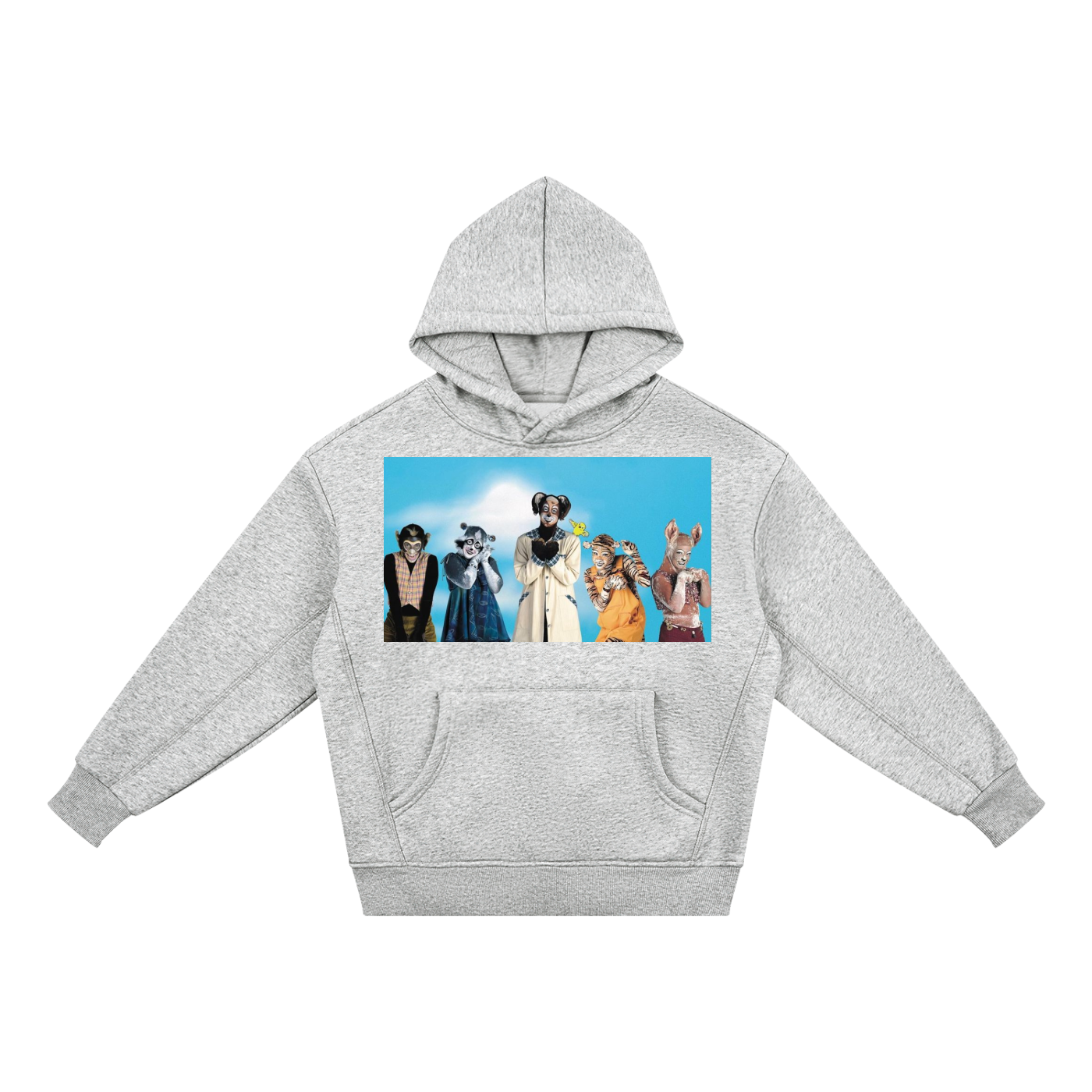 A light heather gray pullover hoodie with a rectangular graphic print on the chest showing five cartoon-style characters against a blue sky background.