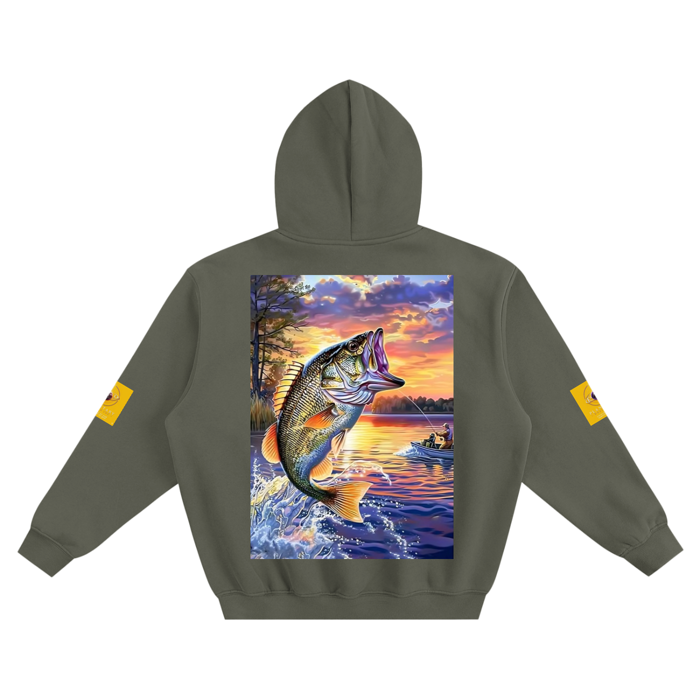 Green hoodie with a fish and sunset design on the back, on a white background
