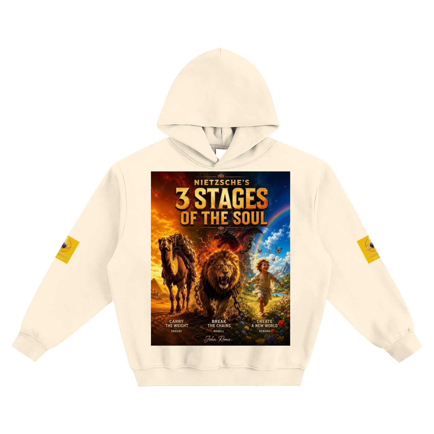 Beige hoodie with '3 Stages of the Soul' graphic design on a white background