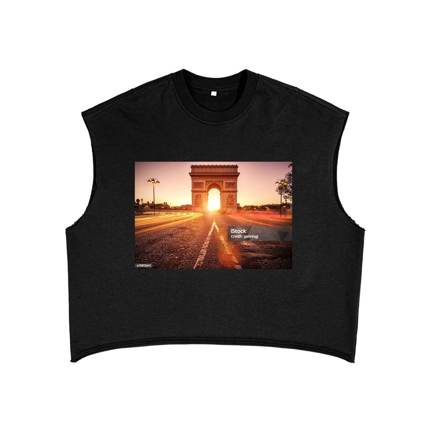 Black sleeveless shirt with a graphic of the Arc de Triomphe at sunset on a white background