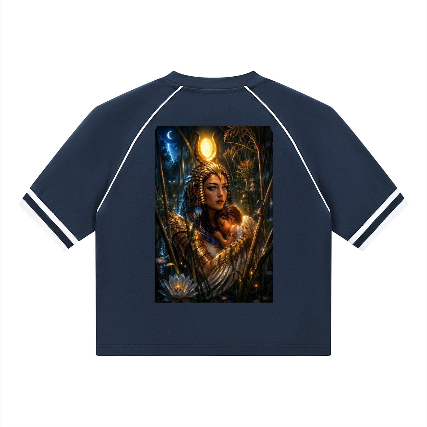 A navy blue short-sleeve raglan t-shirt with white contrast stitching on the sleeves and collar, featuring a large rectangular graphic print on the front depicting a fantasy scene of a woman with a glowing golden headlamp in a dark jungle.