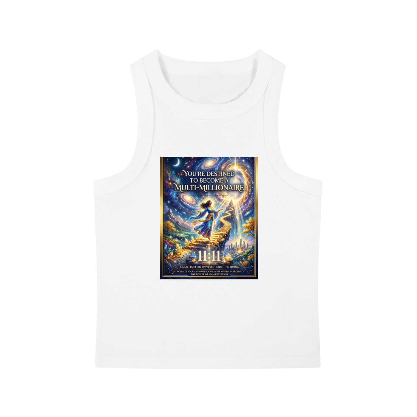 A white sleeveless tank top with a colorful graphic print on the front. The graphic features a fantasy illustration of a glowing angel figure surrounded by stars and the text 'YOU'RE DESIGNED TO BECOME MULTI-MILLIONAIRE'.