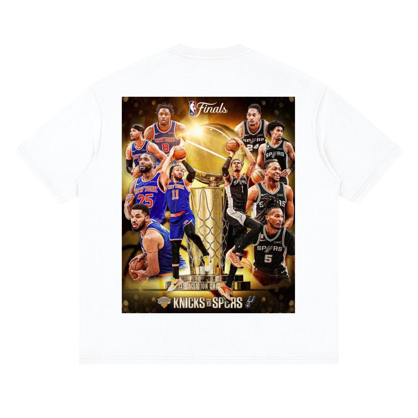 Basketball championship poster featuring players from Knicks and Spurs with a trophy on a white background