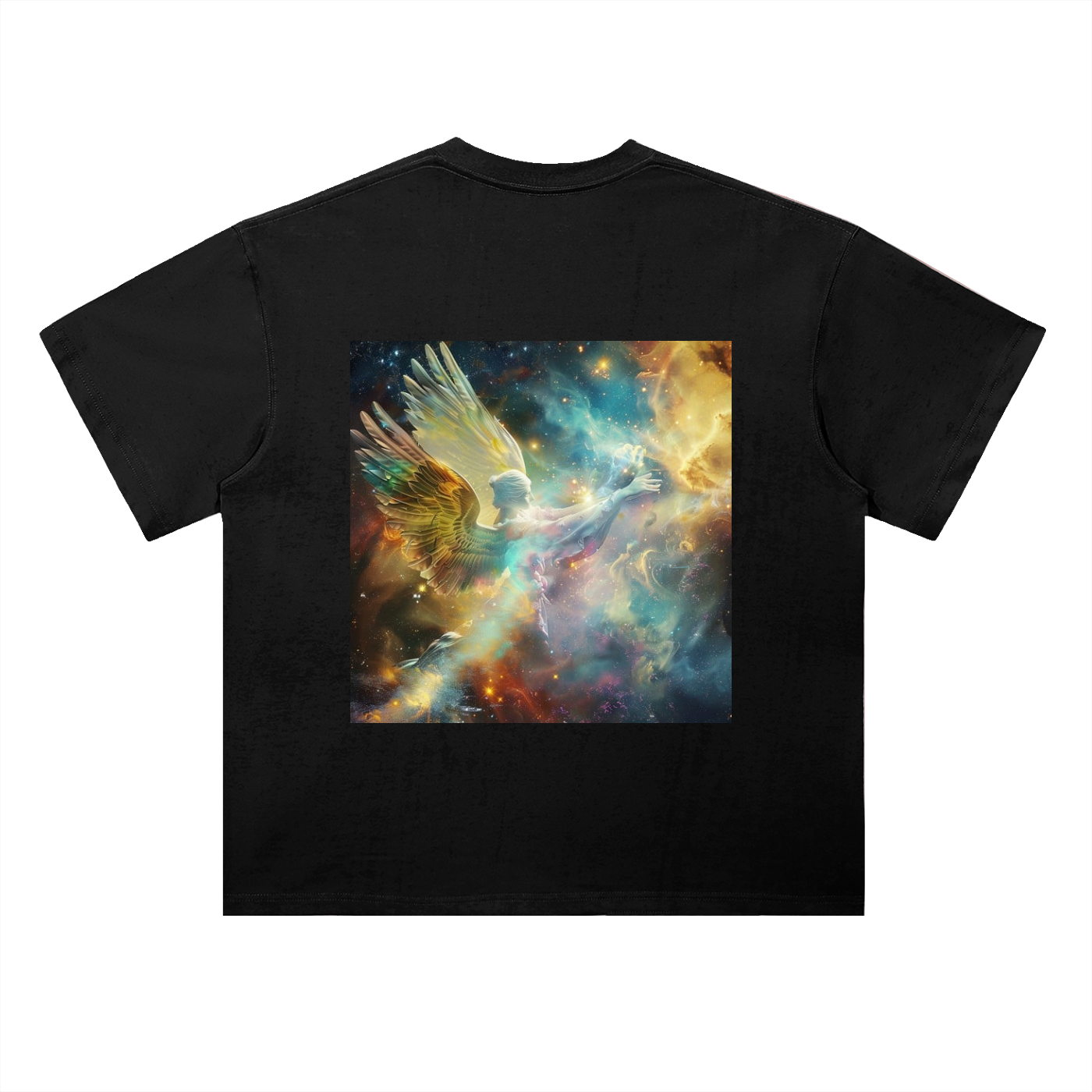 Black t-shirt with a colorful nebula design on a white background