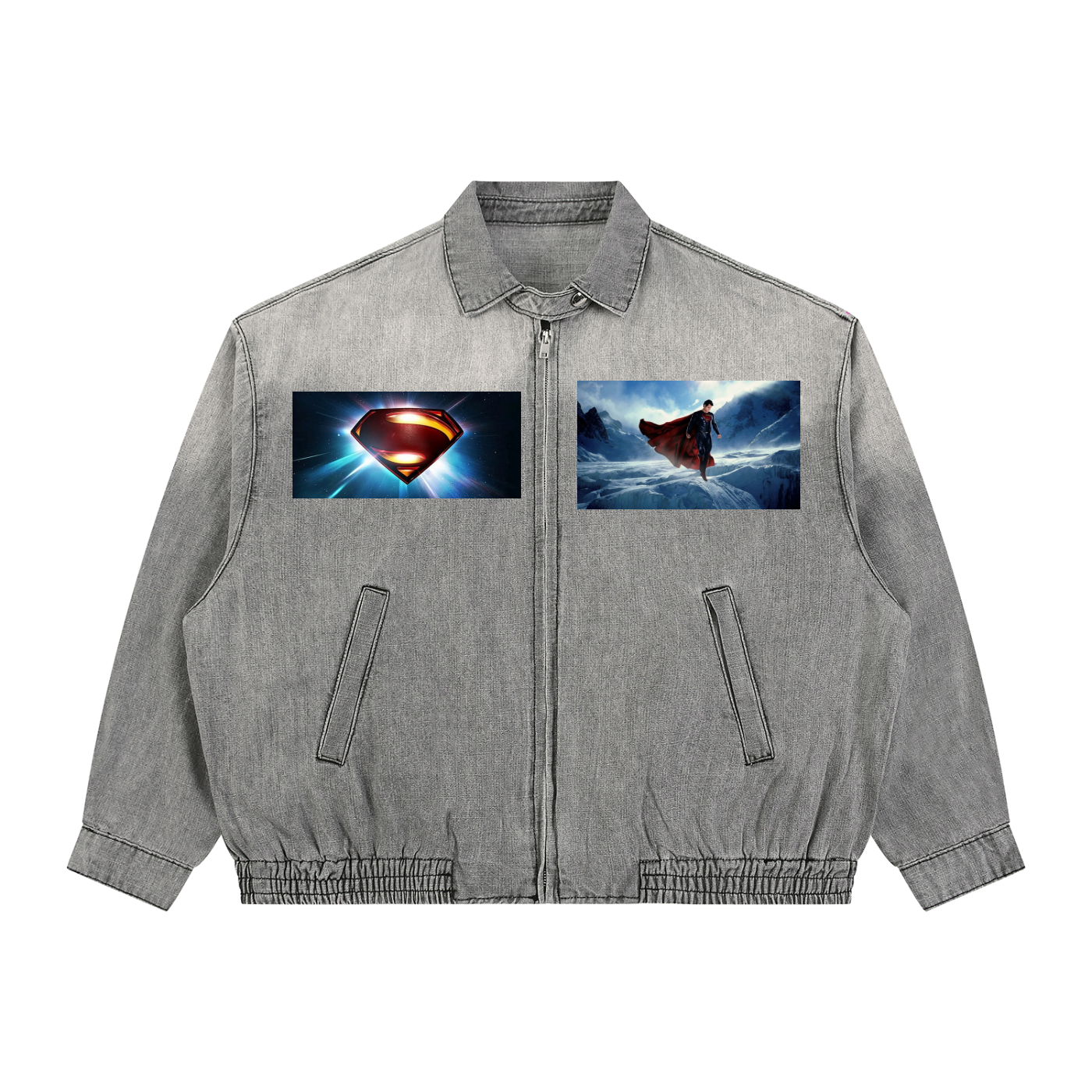 Gray jacket with Superman logo and action scene printed on the front