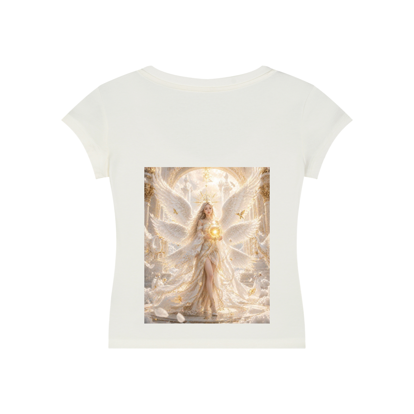 A white short-sleeve t-shirt with a large rectangular graphic print on the front depicting a glowing angel with wings and a bright light, shown against a plain white background.