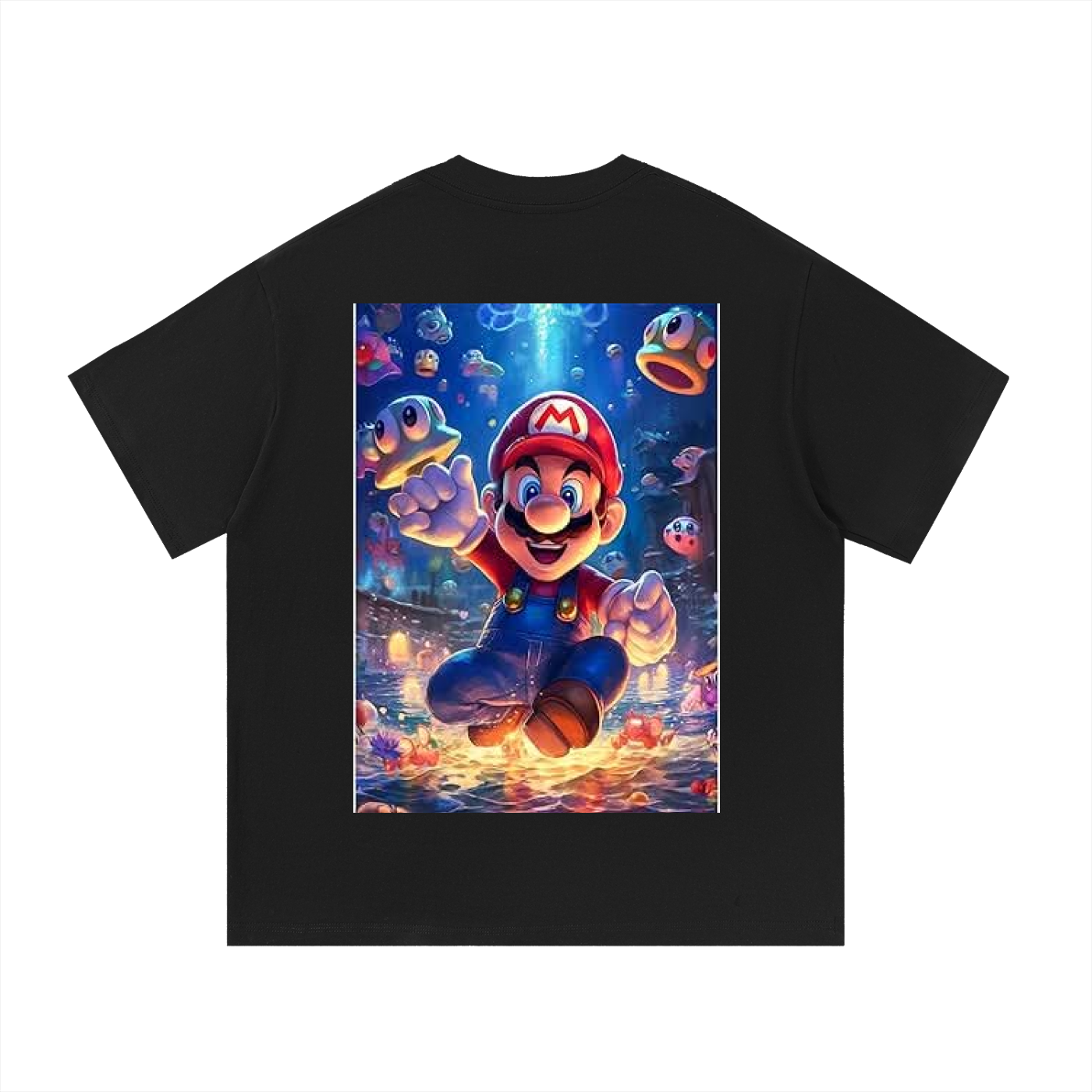 Black t-shirt with a colorful graphic of a character in a underwater scene on a white background