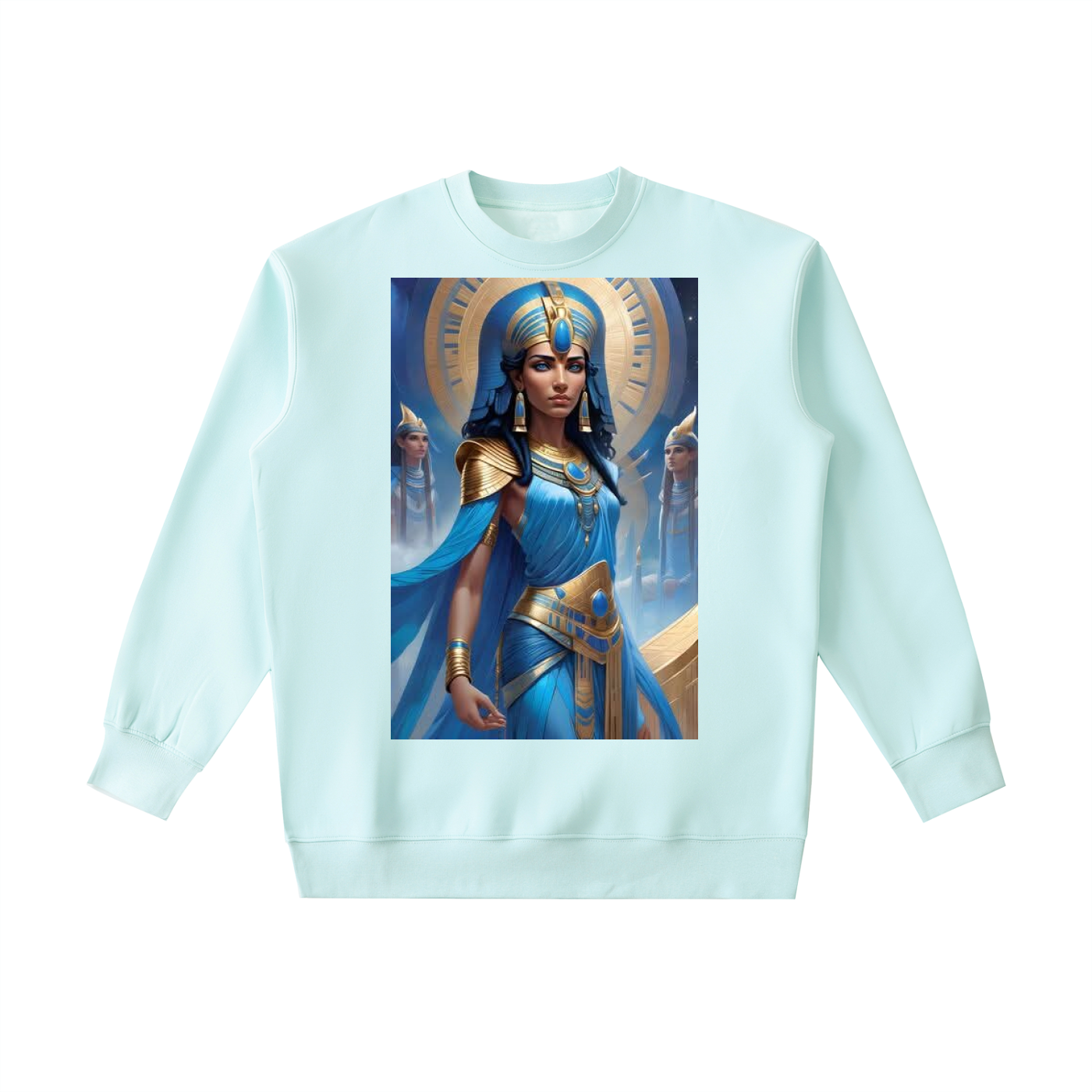 Light blue sweatshirt with an Egyptian-themed graphic on a white background