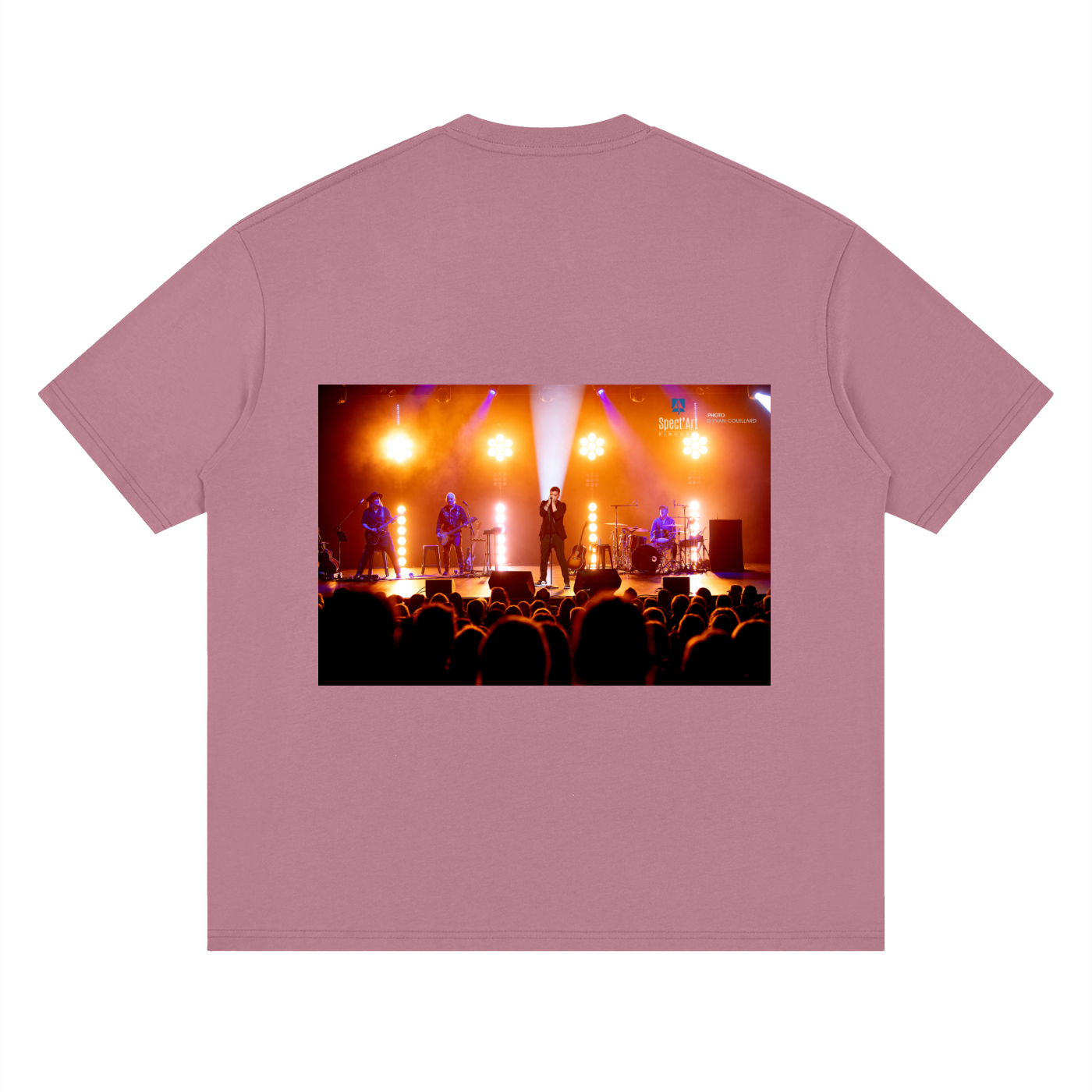 Pink t-shirt with a printed design of a concert on the back