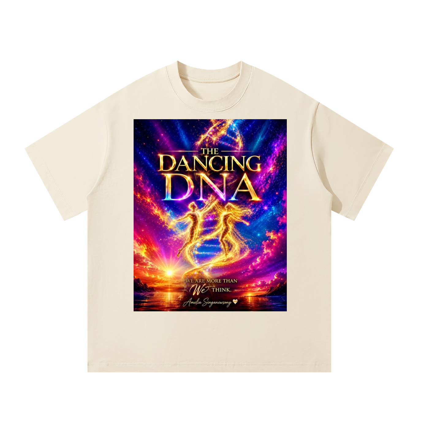 Beige t-shirt with 'The Dancing DNA' graphic design on a white background
