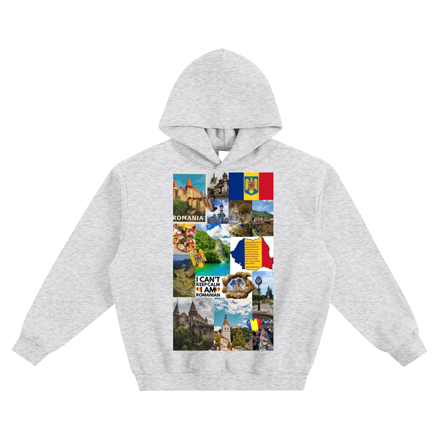 Gray hoodie with a colorful design on the chest featuring images and text.