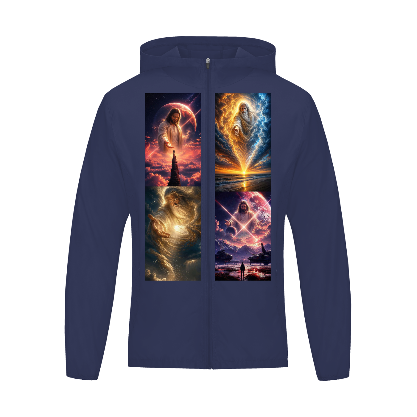 A navy blue zip-up hoodie with a large, detailed graphic print on the front depicting cosmic, religious, and fantasy scenes, shown against a plain white background.