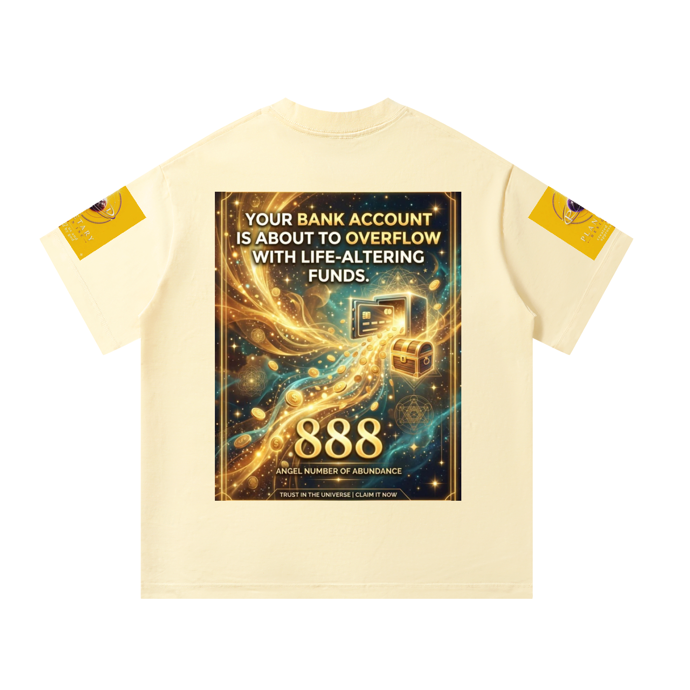 A cream-colored short-sleeve t-shirt with a large graphic print on the back. The graphic features a cosmic, gold and blue swirling design with a computer mouse, a briefcase, and the text 'YOUR BANK ACCOUNT IS ABOUT TO OVERFLOW WITH LIFE-ALTERING FUNDS.