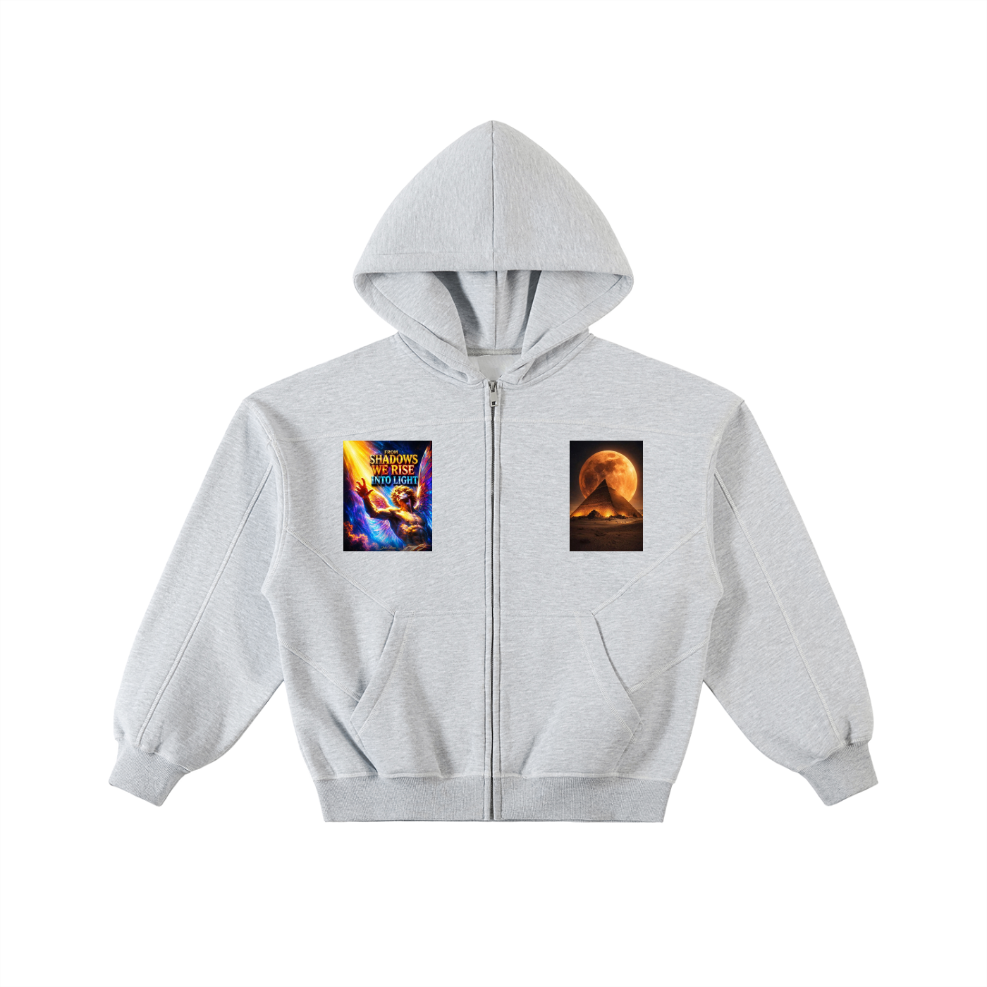 A light gray zip-up hoodie with two square graphic prints on the chest, displayed against a solid white background.