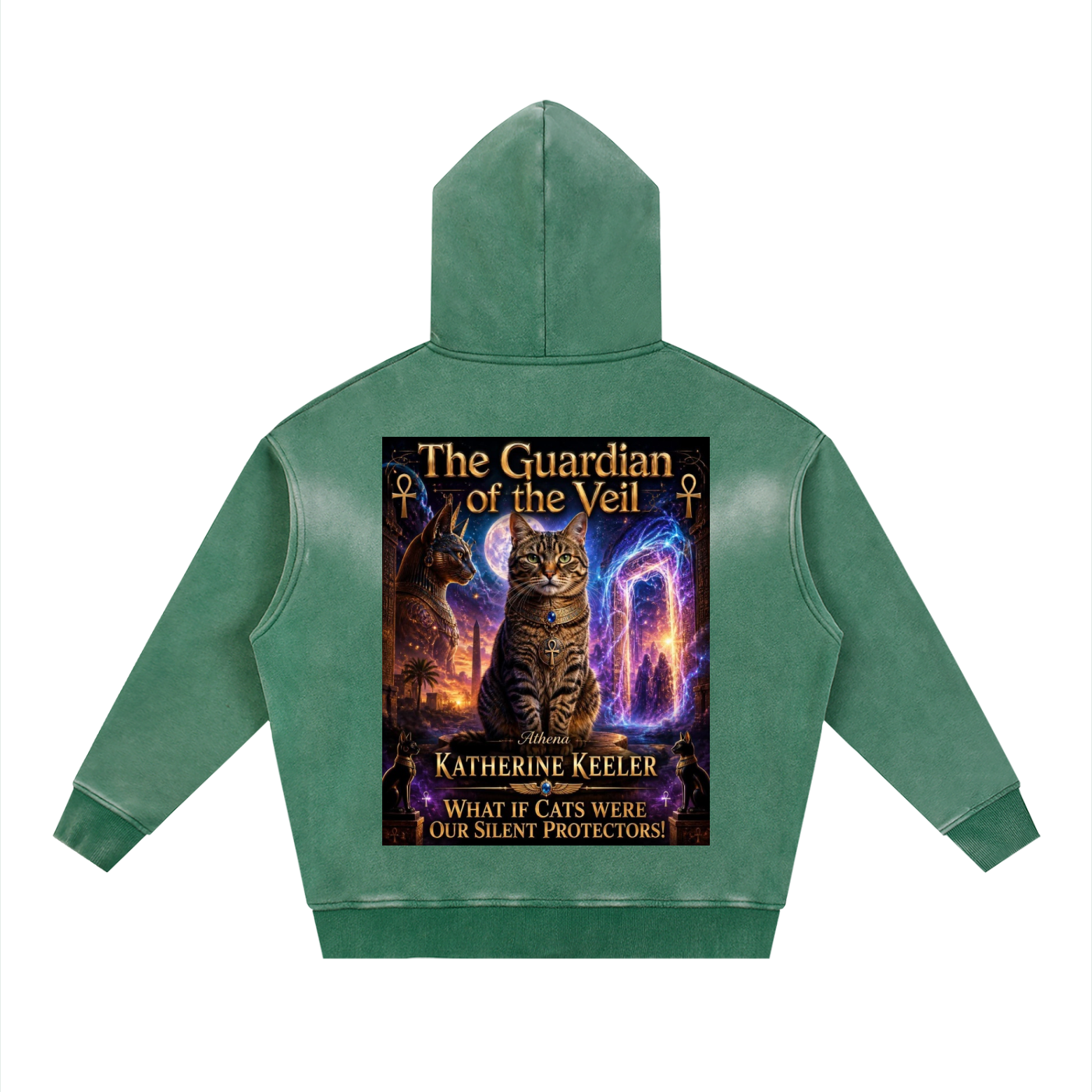 Green hoodie with a graphic of a cat and book cover on the back, on a white background
