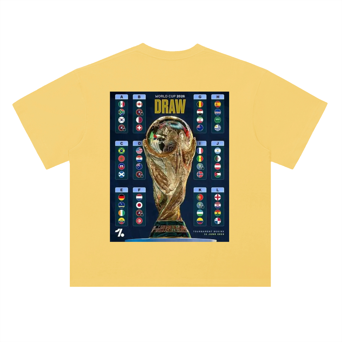 Yellow t-shirt with World Cup trophy and flags design on a white background