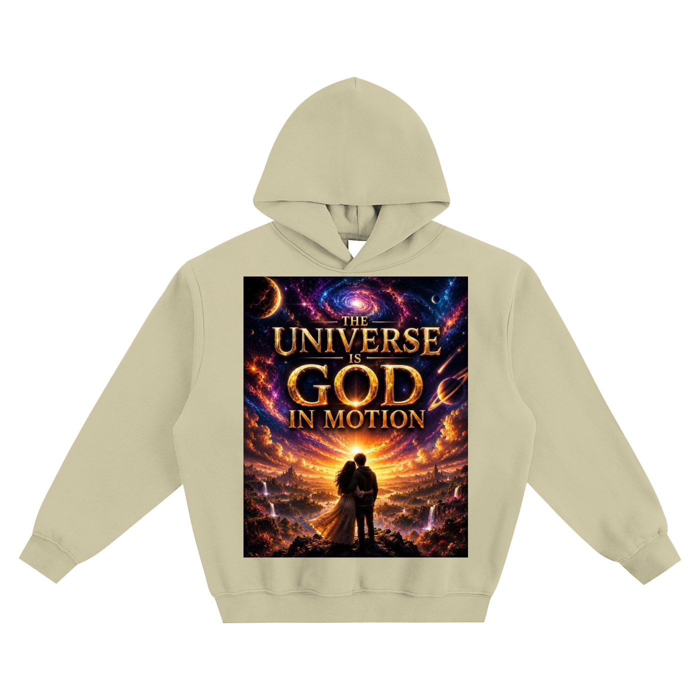 Beige hoodie with a graphic design of a couple in front of a cosmic background and text 'The Universe is God in Motion'.