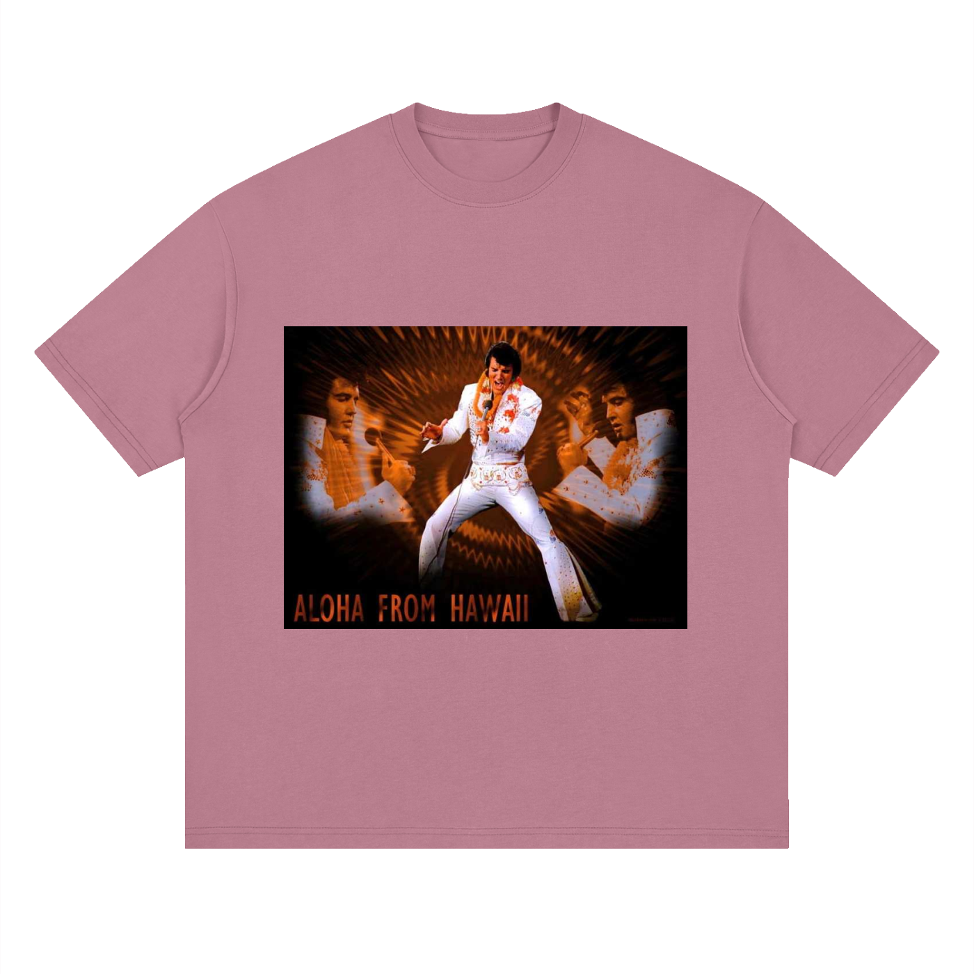 Pink t-shirt with a graphic of Elvis Presley and 'Aloha from Hawaii' text on a white background