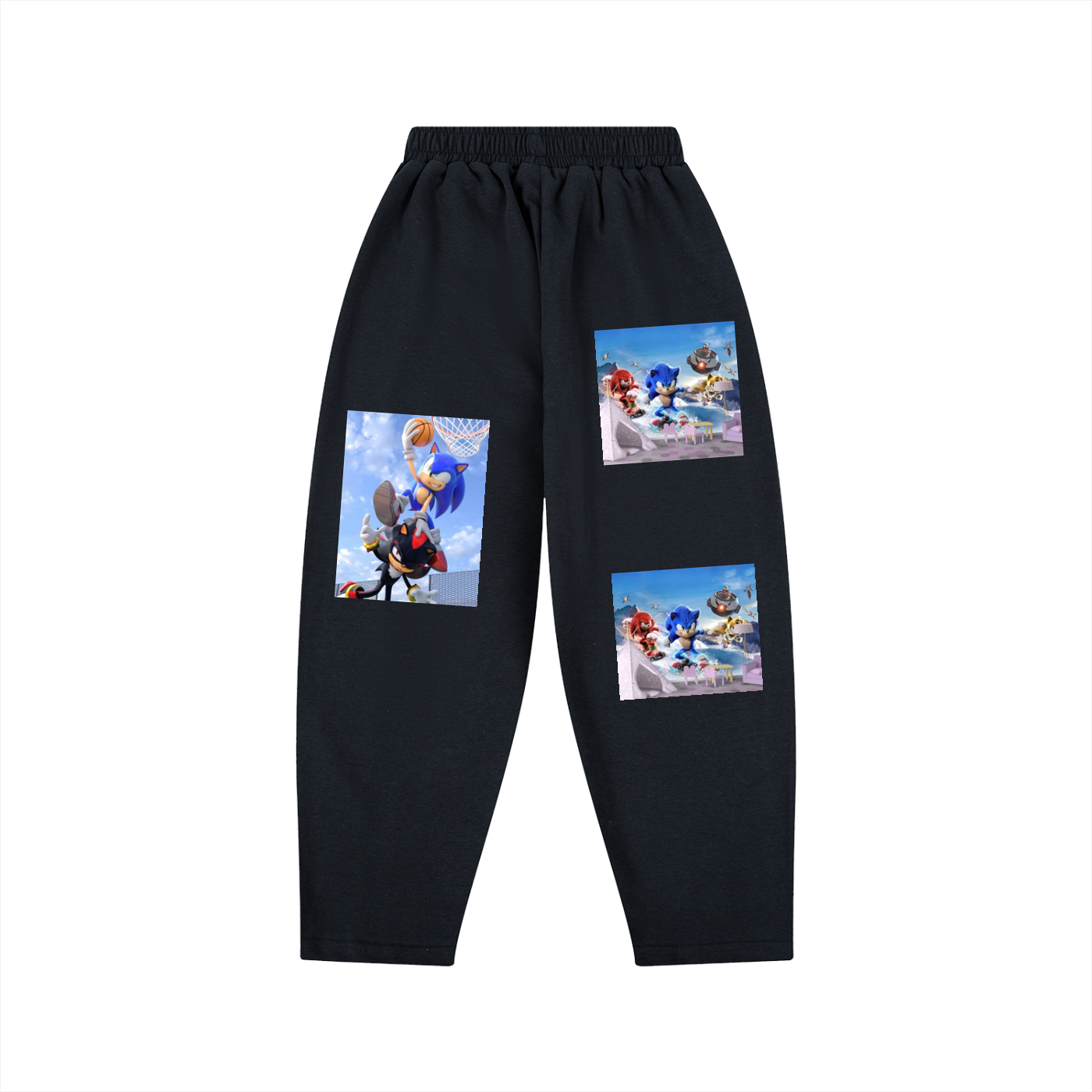 Black pants with cartoon character patches on a white background