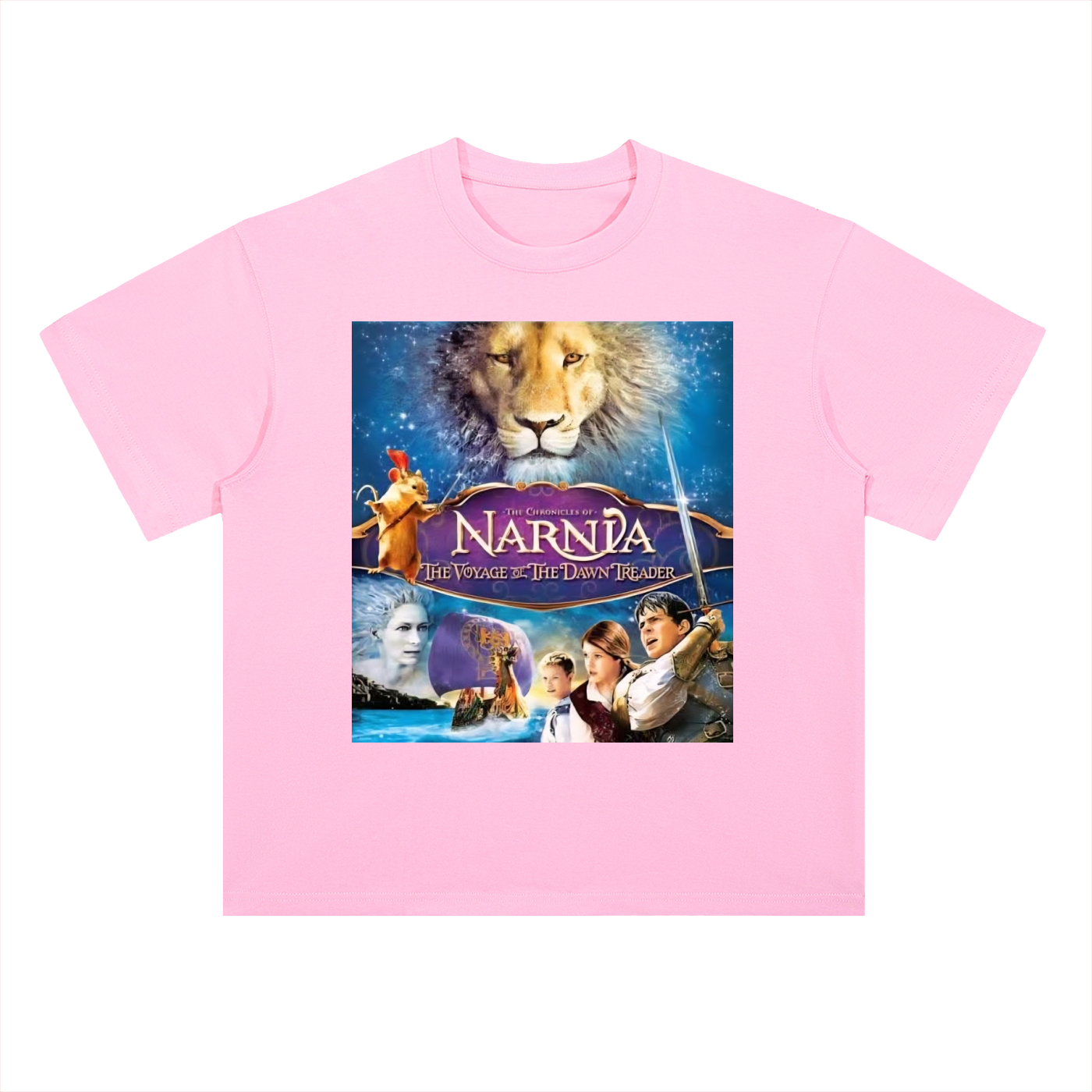 Pink t-shirt with 'The Chronicles of Narnia' movie poster design on a white background