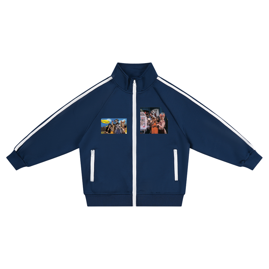 A navy blue track jacket with white shoulder stripes, a white front zipper, and two rectangular photo prints on the chest, displayed flat against a white background.