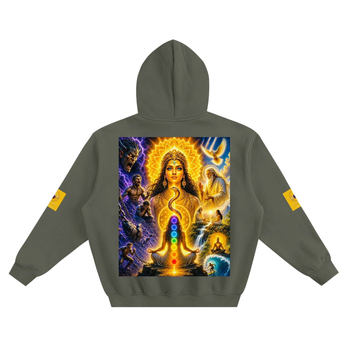 Olive green boxy fit fleece hoodie with cosmic graphic back print