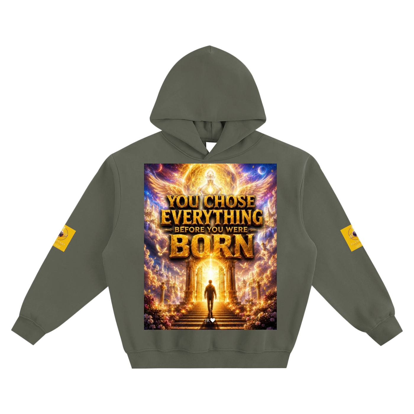 Green hoodie with a graphic design on the front featuring text and a silhouette.