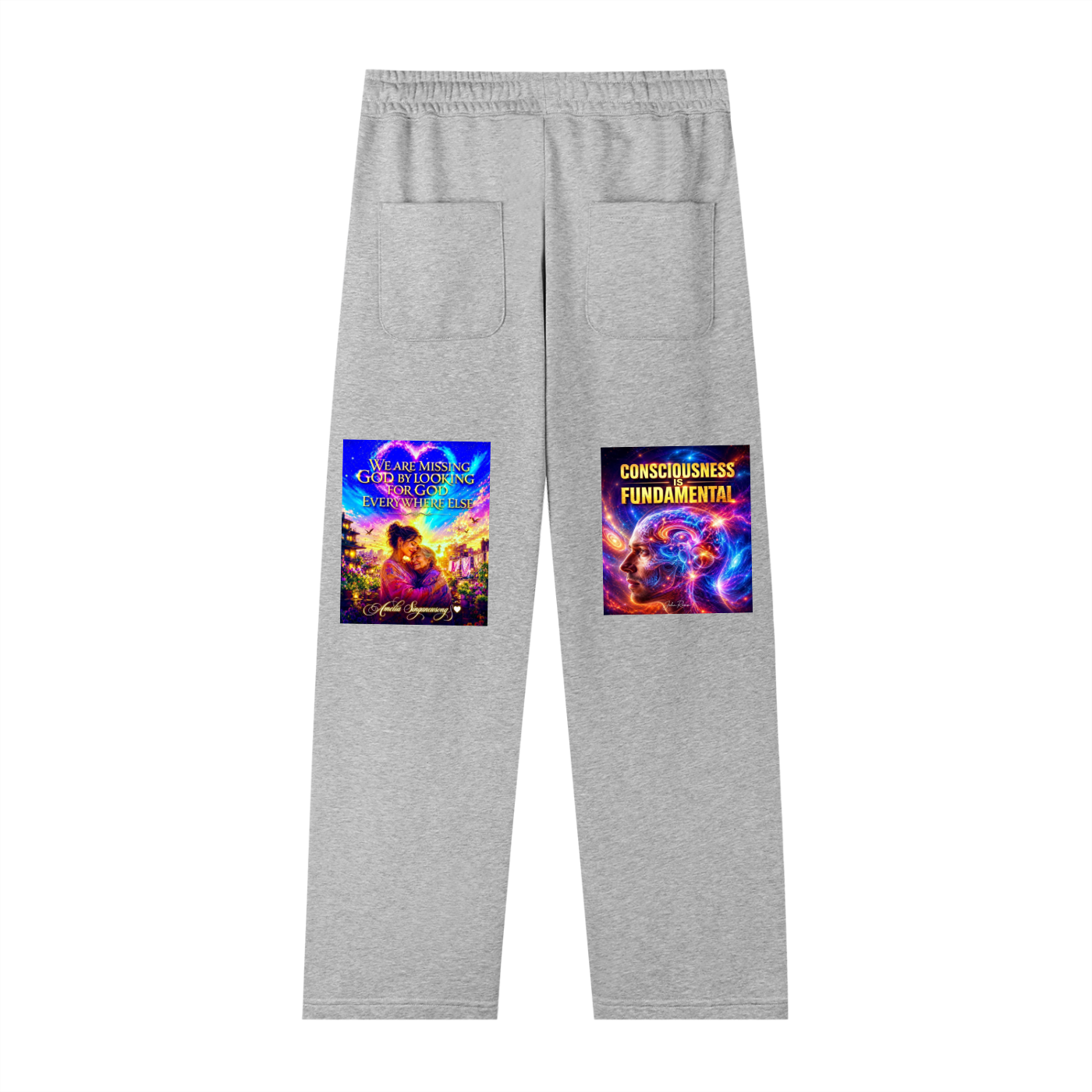 Gray sweatpants with colorful graphic designs on a white background