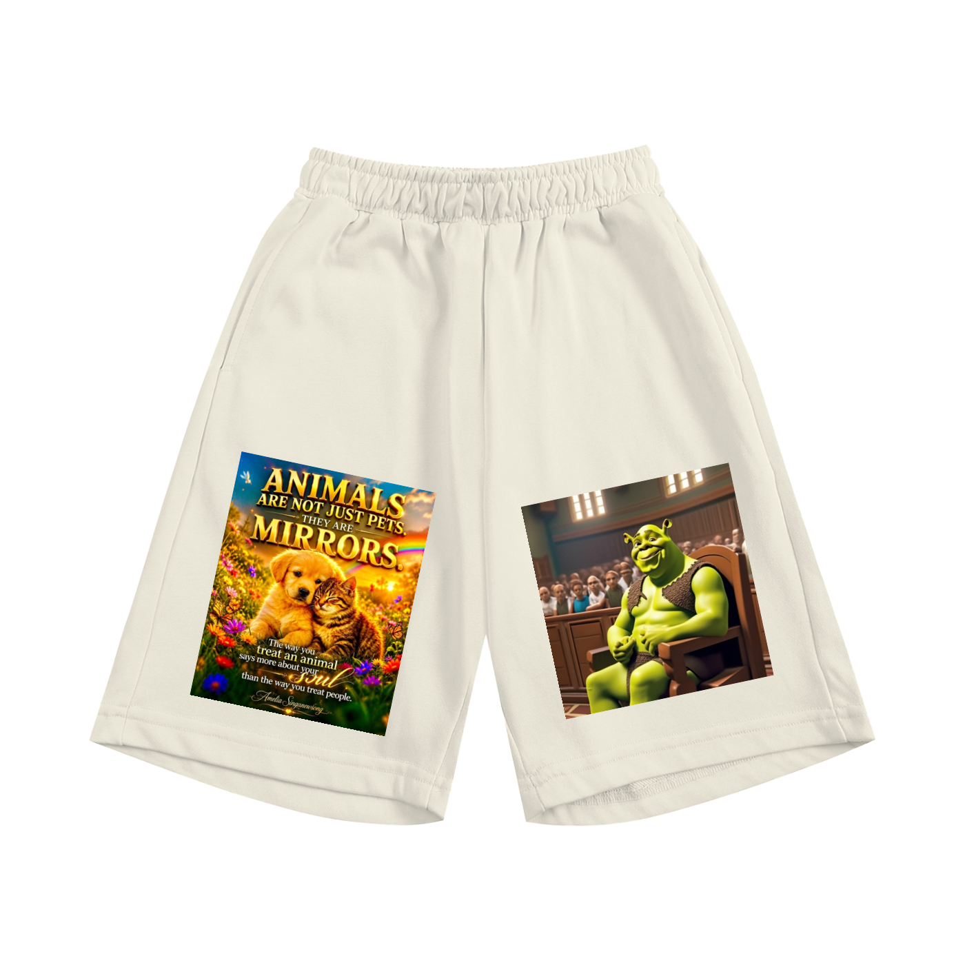 Beige shorts with Shrek and Lion King movie poster prints on a white background