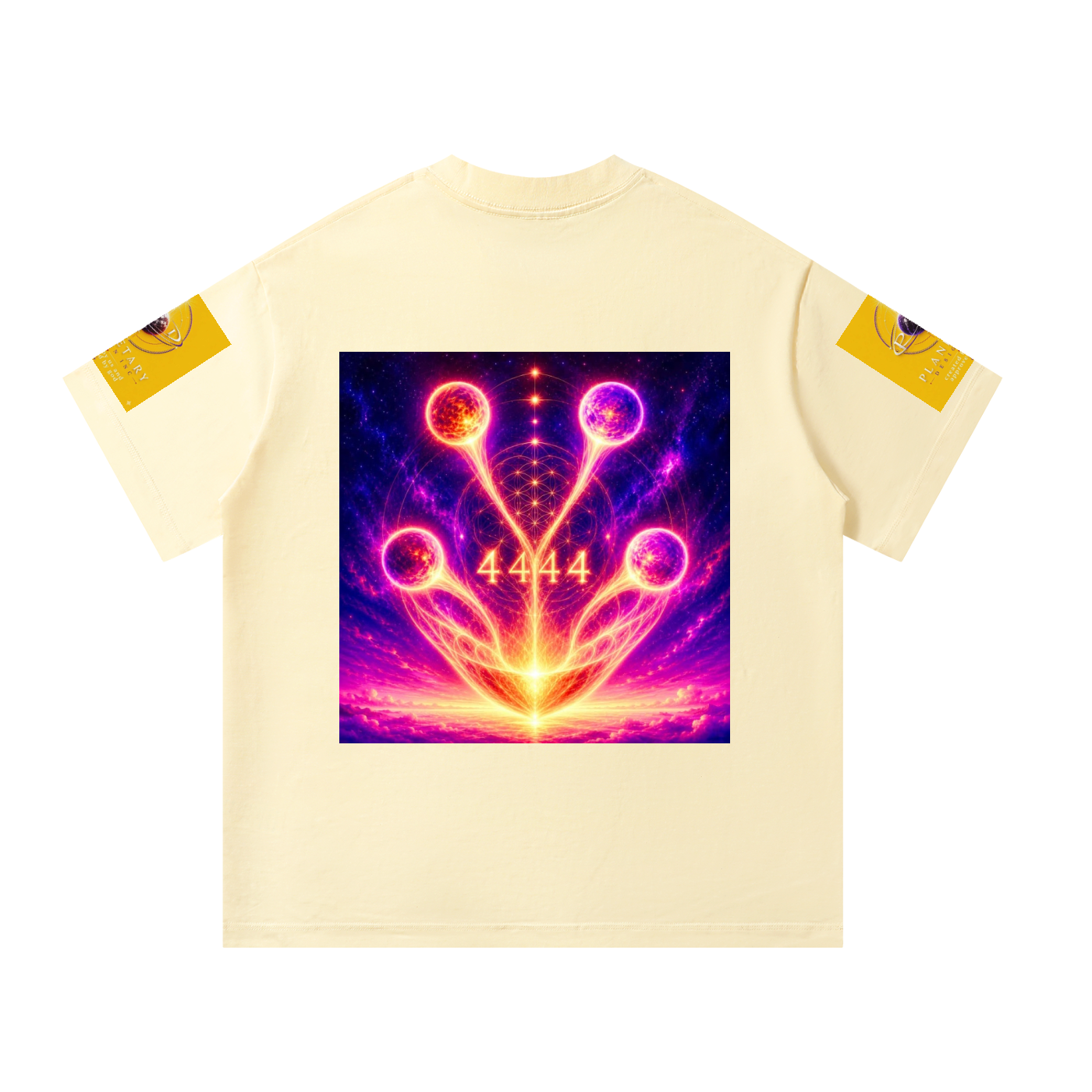 A cream-colored short-sleeve t-shirt shown from the back, featuring a large square graphic print in the center with a glowing cosmic design in purple, pink, and yellow, and yellow graphic patches on both sleeves.