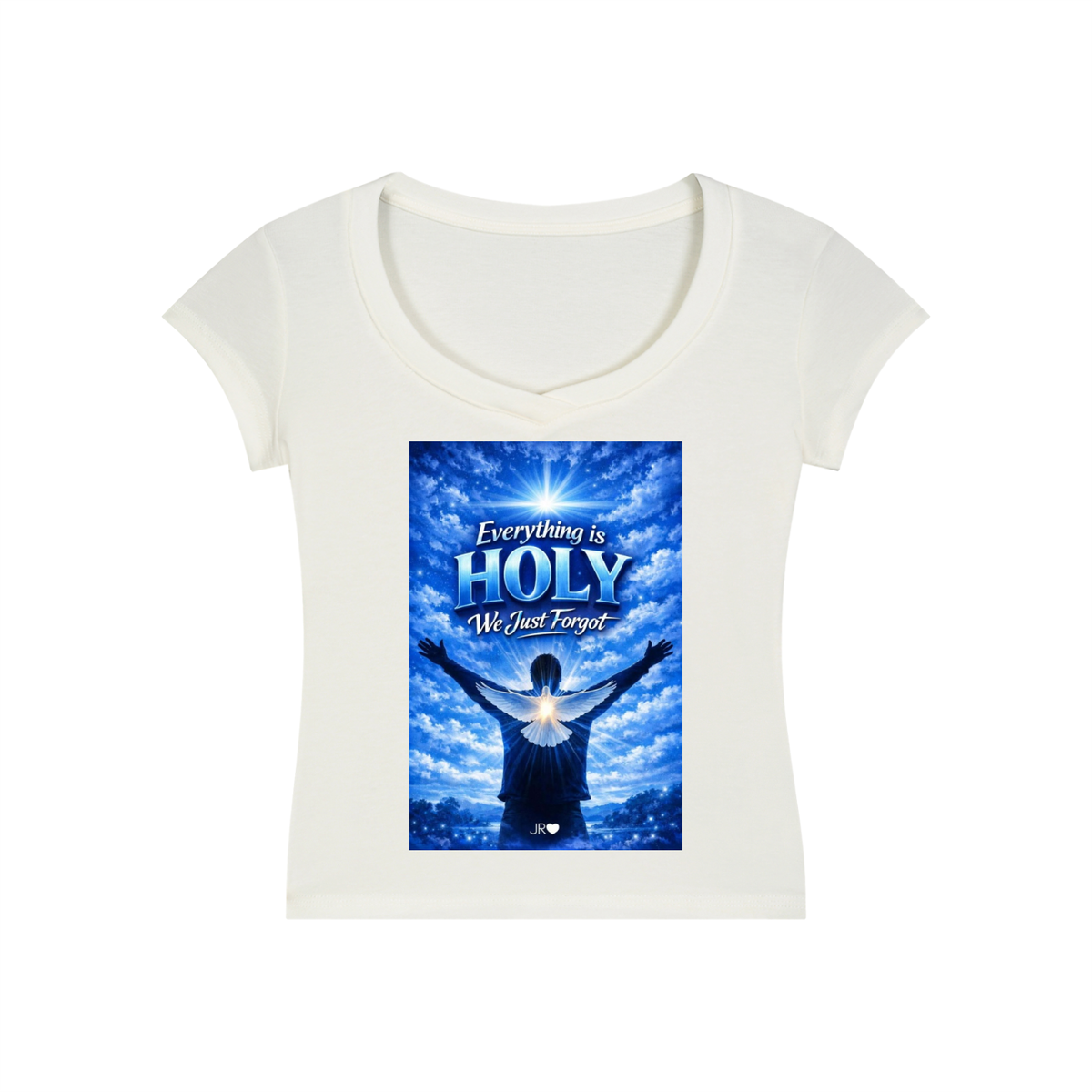 An off-white scoop-neck t-shirt with a graphic print on the front showing a figure with outstretched arms against a blue sky with clouds and the text 'Everything is HOLY We just Forget'.