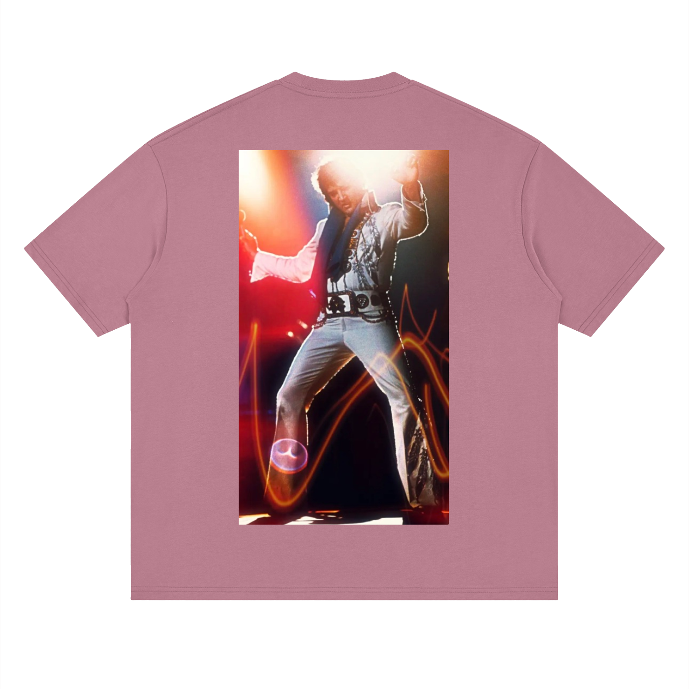 Pink t-shirt with a graphic of a person on stage on the back