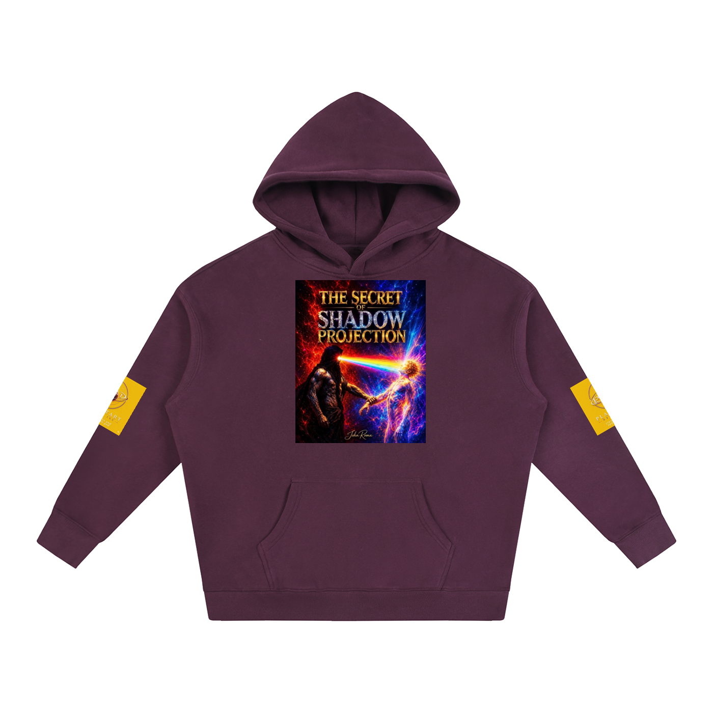 A dark purple pullover hoodie with a colorful graphic print on the chest reading 'THE SECRET SHADOW PROJECTION' and yellow patches on both sleeves, shown on a plain white background.