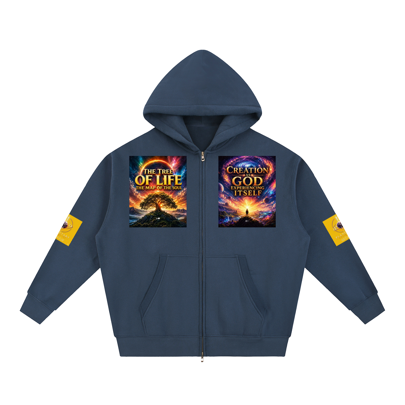 A navy blue zip-up hoodie with two colorful graphic prints on the chest and yellow patches on both sleeves, shown against a plain white background.