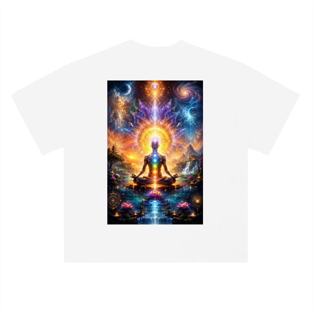White t-shirt with a colorful graphic of a meditating figure and cosmic design on a white background