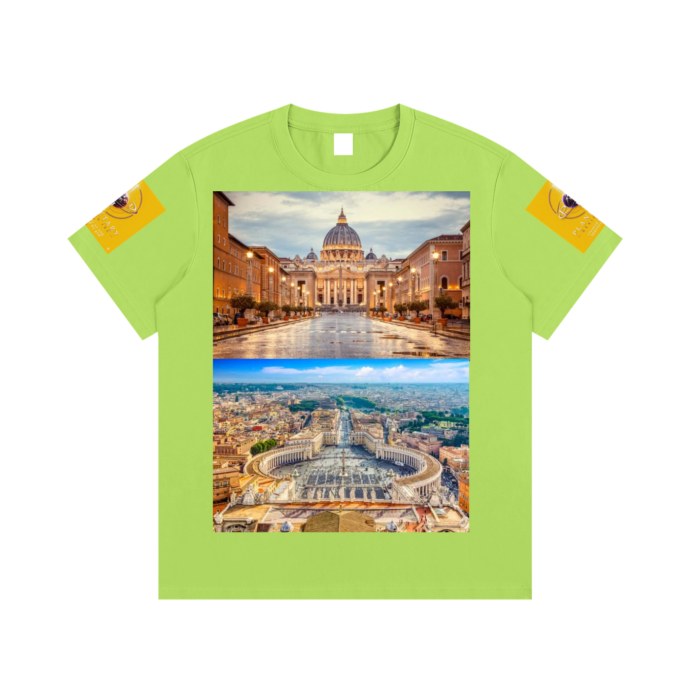 Green t-shirt with images of St. Peter's Basilica on a white background