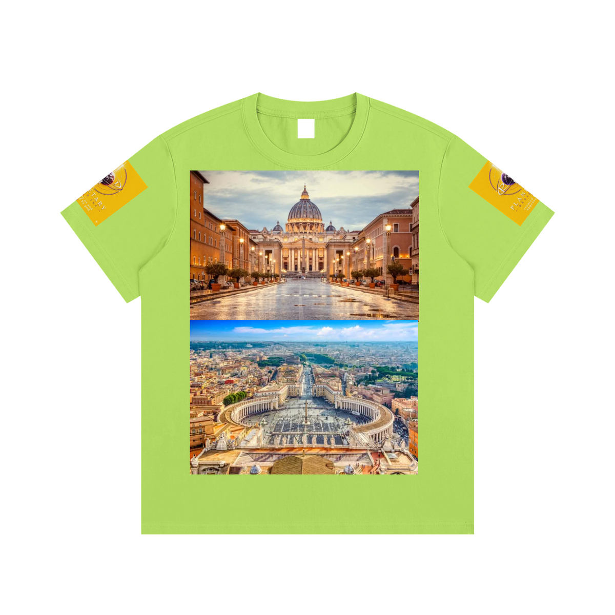 Green t-shirt with images of St. Peter's Basilica on a white background