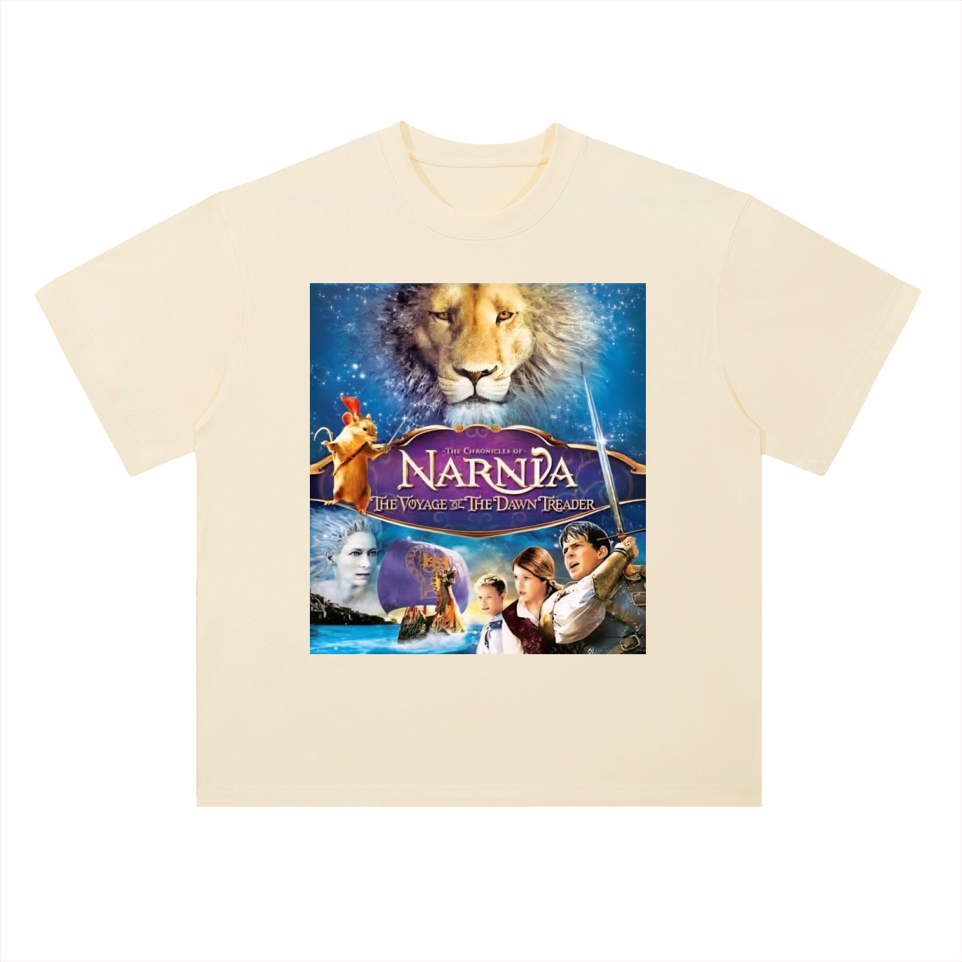 Beige t-shirt with 'The Chronicles of Narnia' movie poster design on a white background