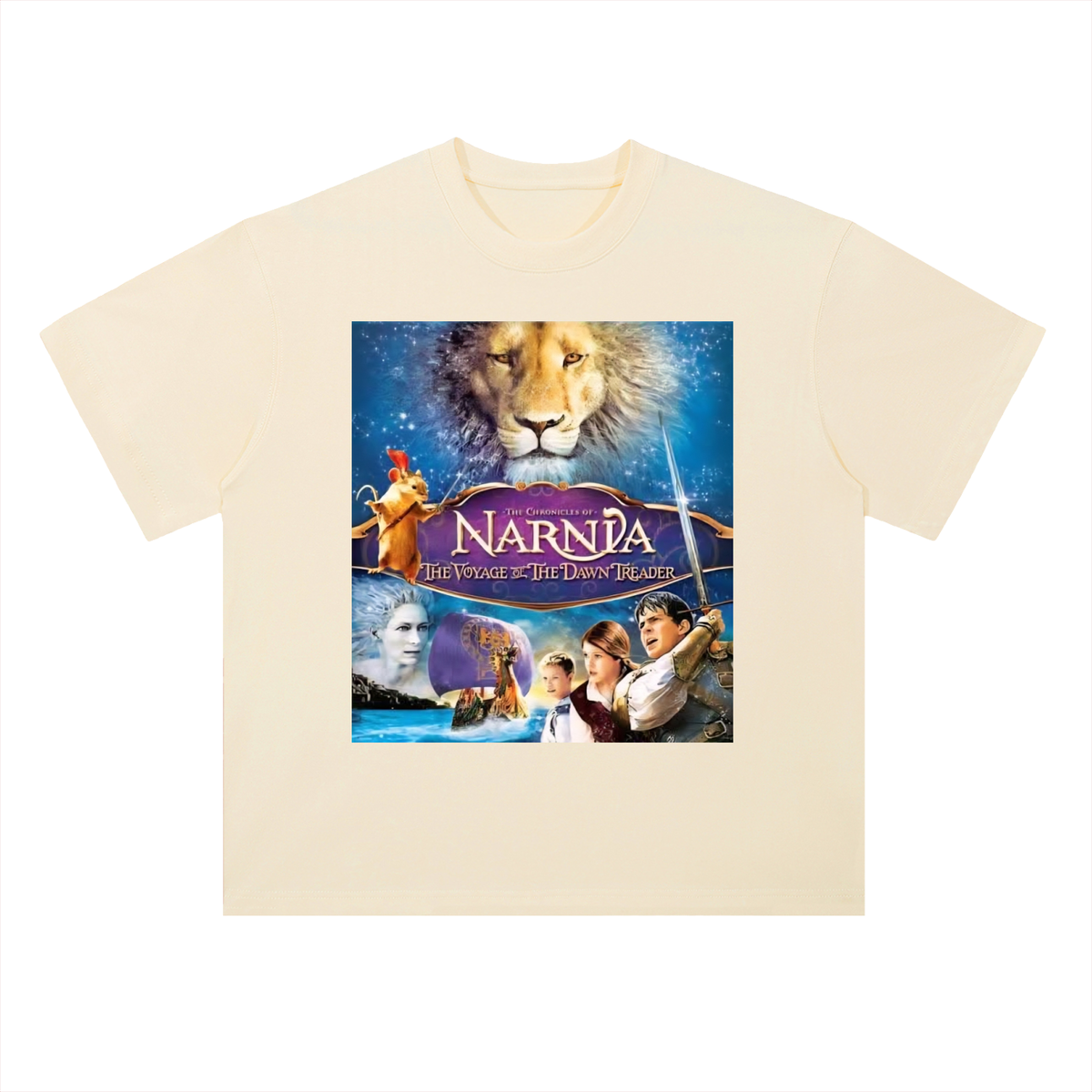 Beige t-shirt with 'The Chronicles of Narnia' movie poster design on a white background