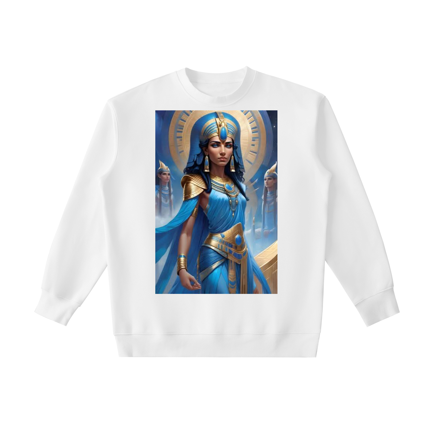 White sweatshirt with an Egyptian-themed graphic on a white background