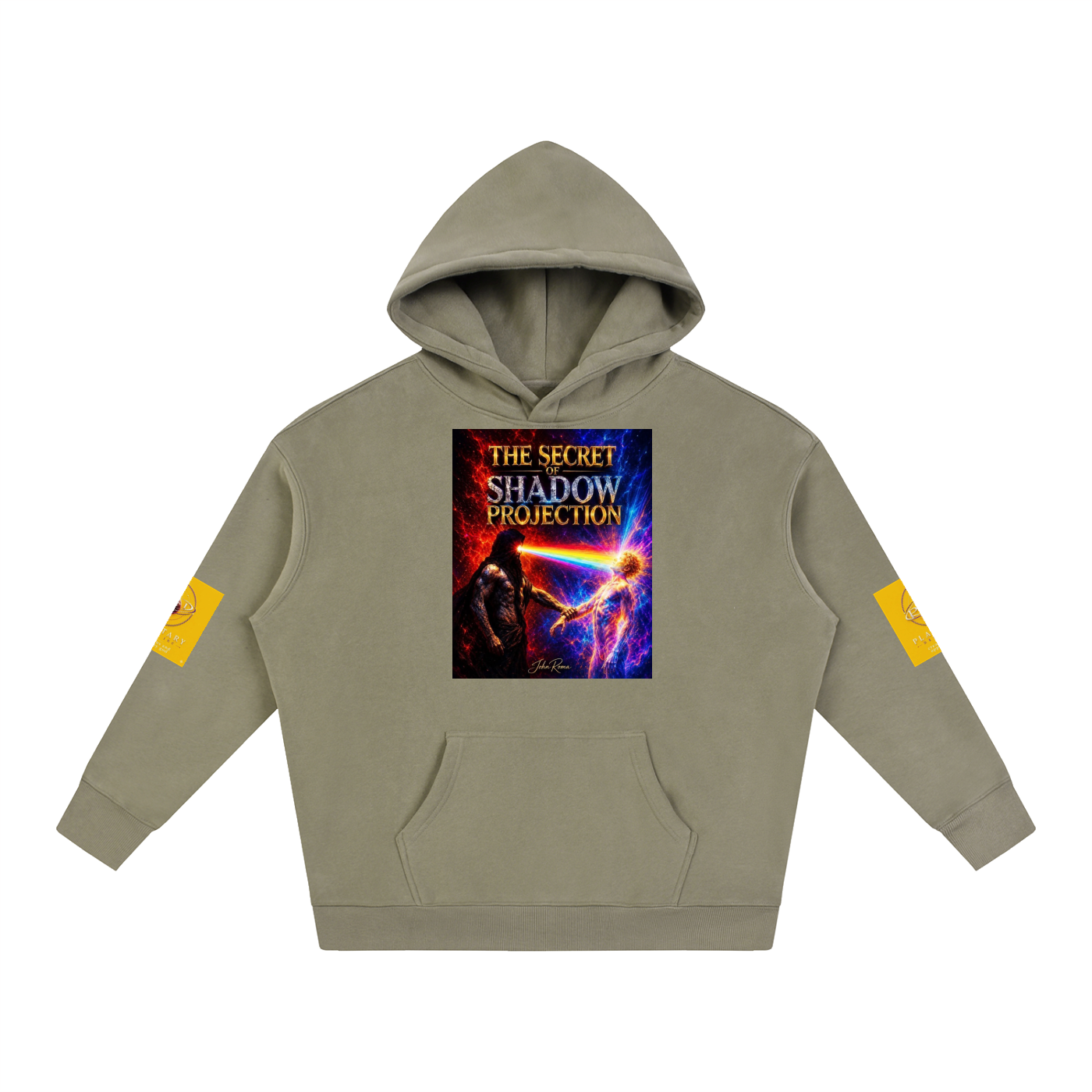 An olive green pullover hoodie with a colorful graphic print on the chest reading 'THE SECRET SHADOW PROJECTION' and yellow graphic patches on both sleeves, shown against a plain white background.