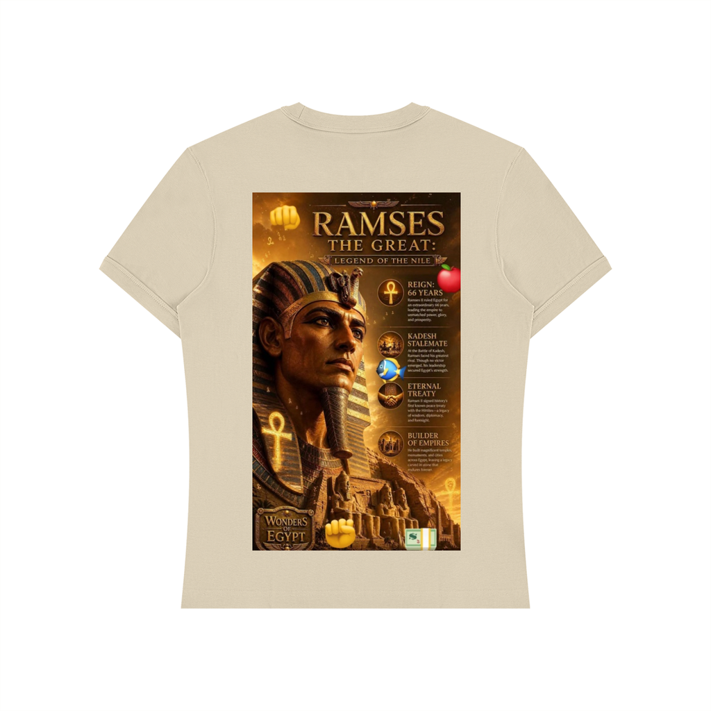 A beige crewneck t-shirt with a large rectangular graphic print on the front featuring an Egyptian pharaoh, gold hieroglyphs, and the text 'RAMSES THE GREAT - LEGEND OF THE KING'.