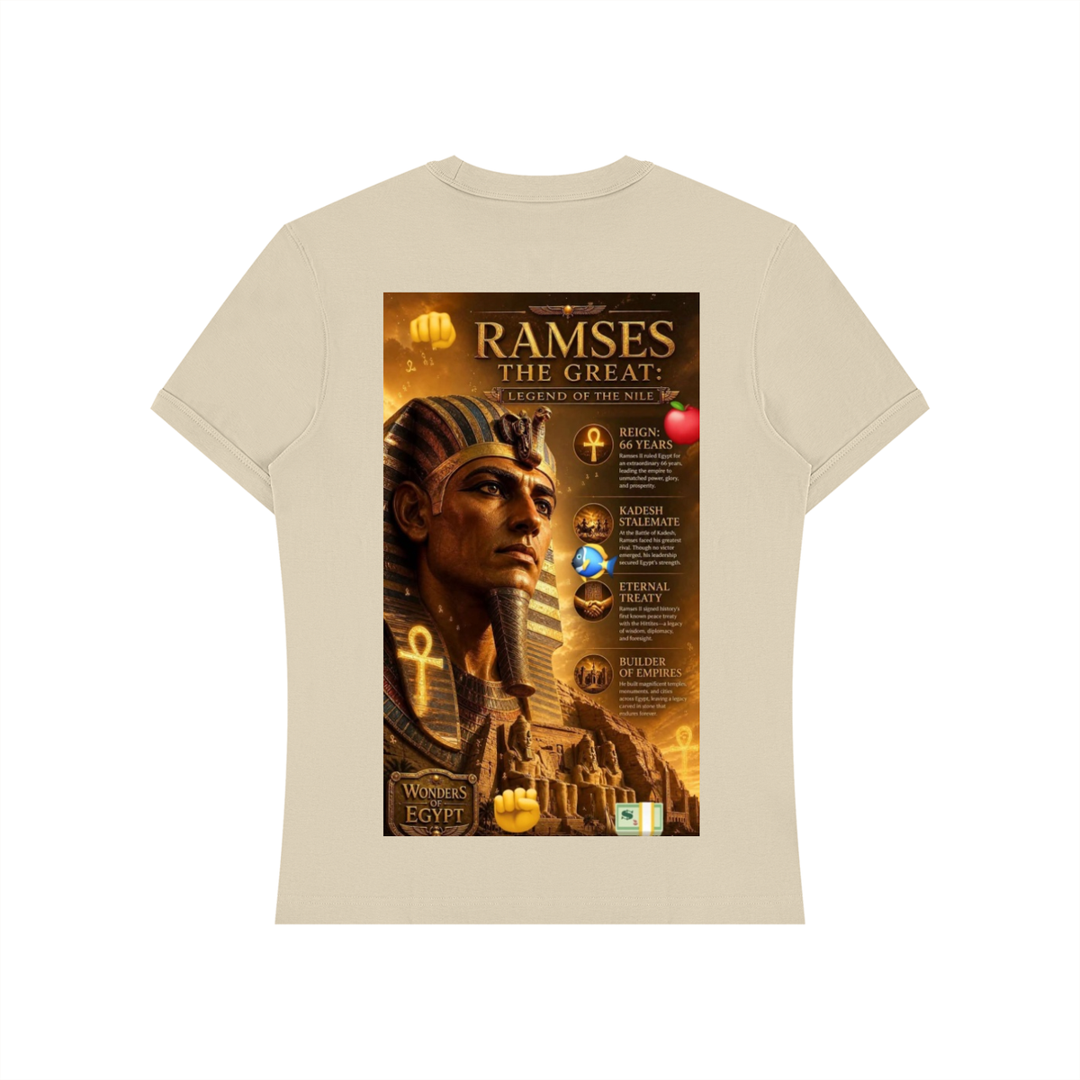 A beige crewneck t-shirt with a large rectangular graphic print on the front featuring an Egyptian pharaoh, gold hieroglyphs, and the text 'RAMSES THE GREAT - LEGEND OF THE KING'.