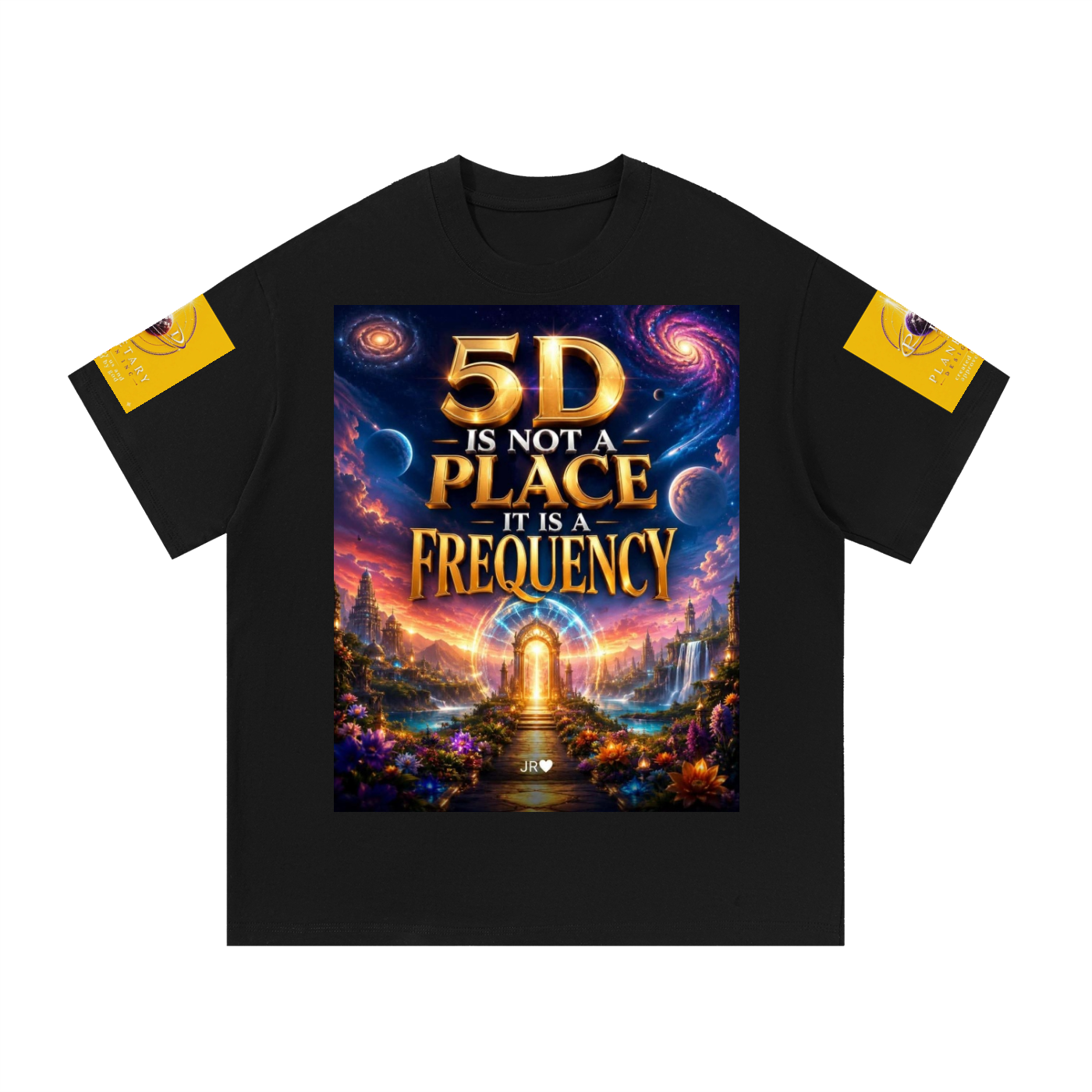 A black short-sleeve t-shirt with a large, colorful fantasy graphic on the chest and yellow graphic prints on both sleeves, displayed against a solid white background.