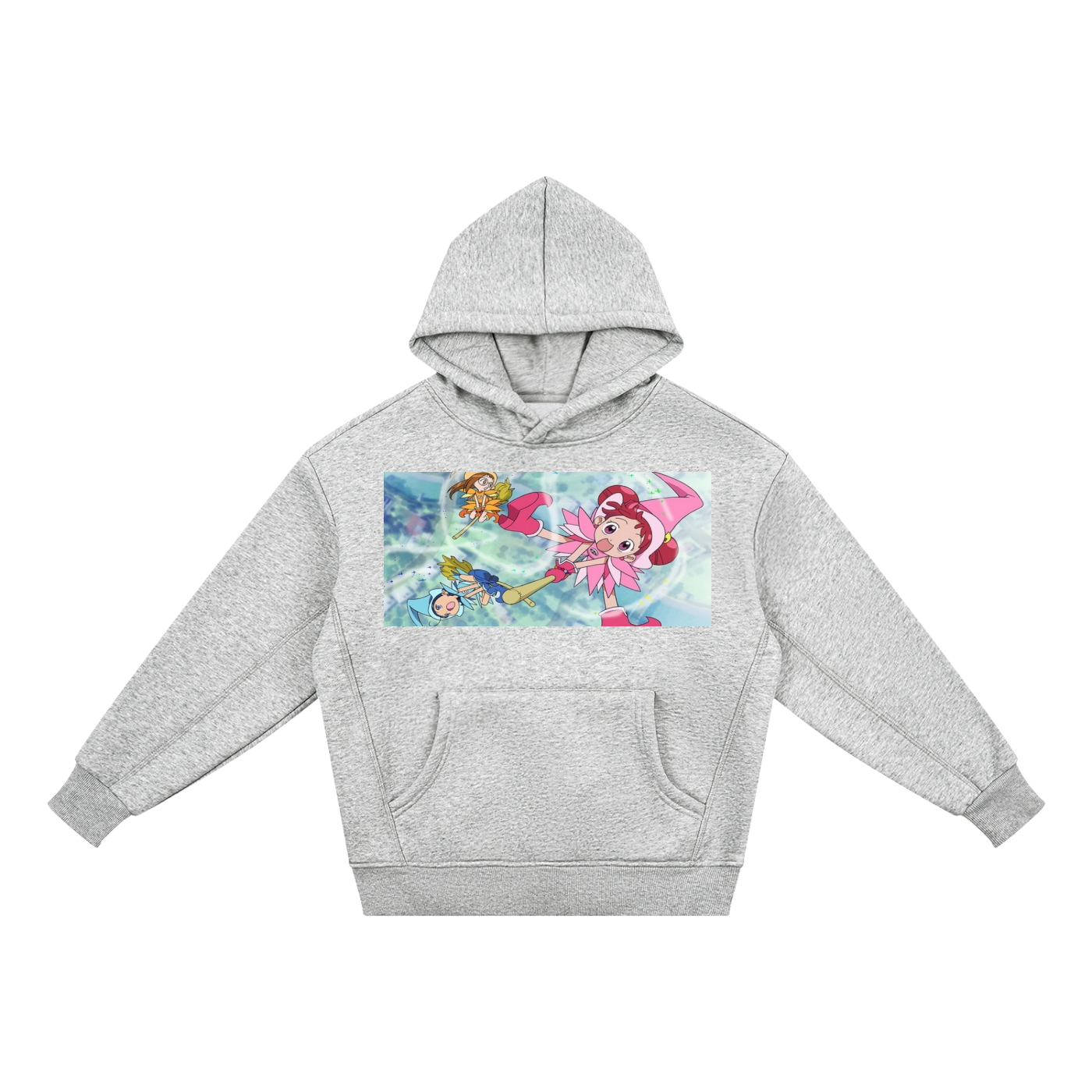 A light heather gray pullover hoodie featuring a colorful graphic print of a cartoon fairy character on the chest, displayed against a solid white background.