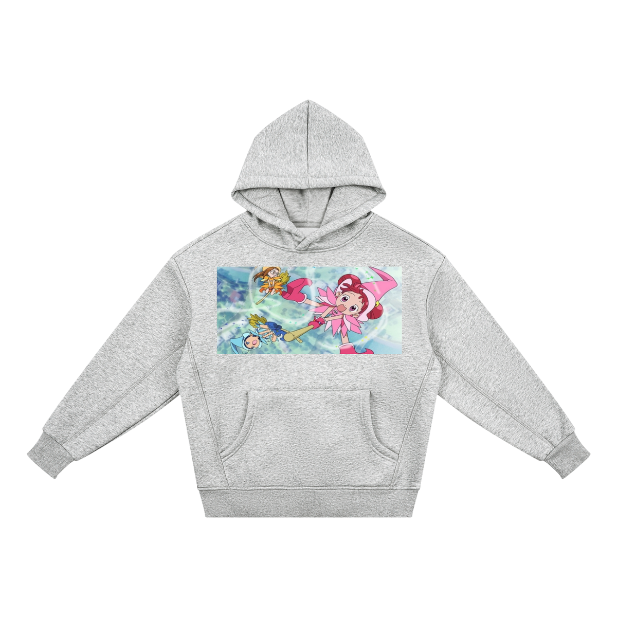 A light heather gray pullover hoodie featuring a colorful graphic print of a cartoon fairy character on the chest, displayed against a solid white background.