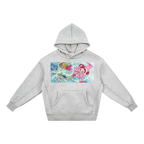 A light heather gray pullover hoodie featuring a colorful graphic print of a cartoon fairy character on the chest, displayed against a solid white background.