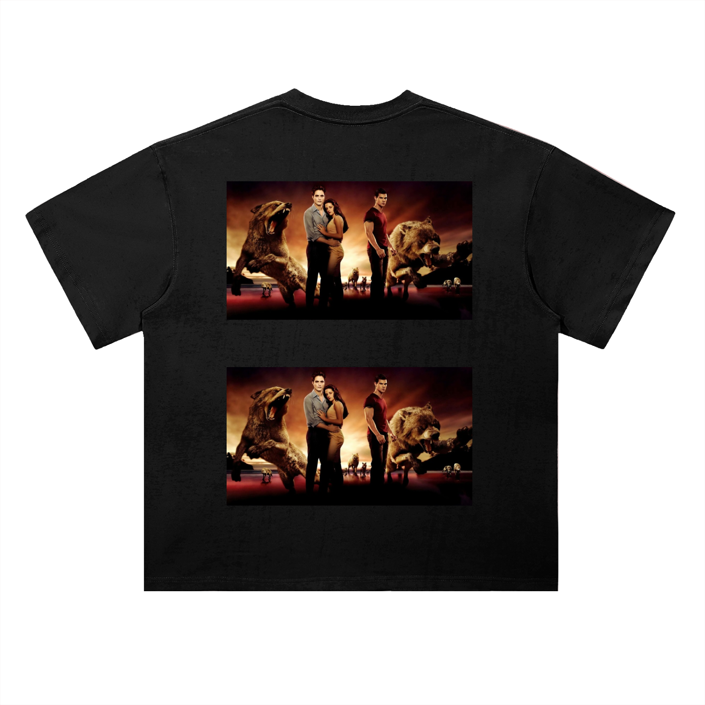 Black t-shirt with two identical graphic prints of a movie scene featuring three people and two large animals on a white background.