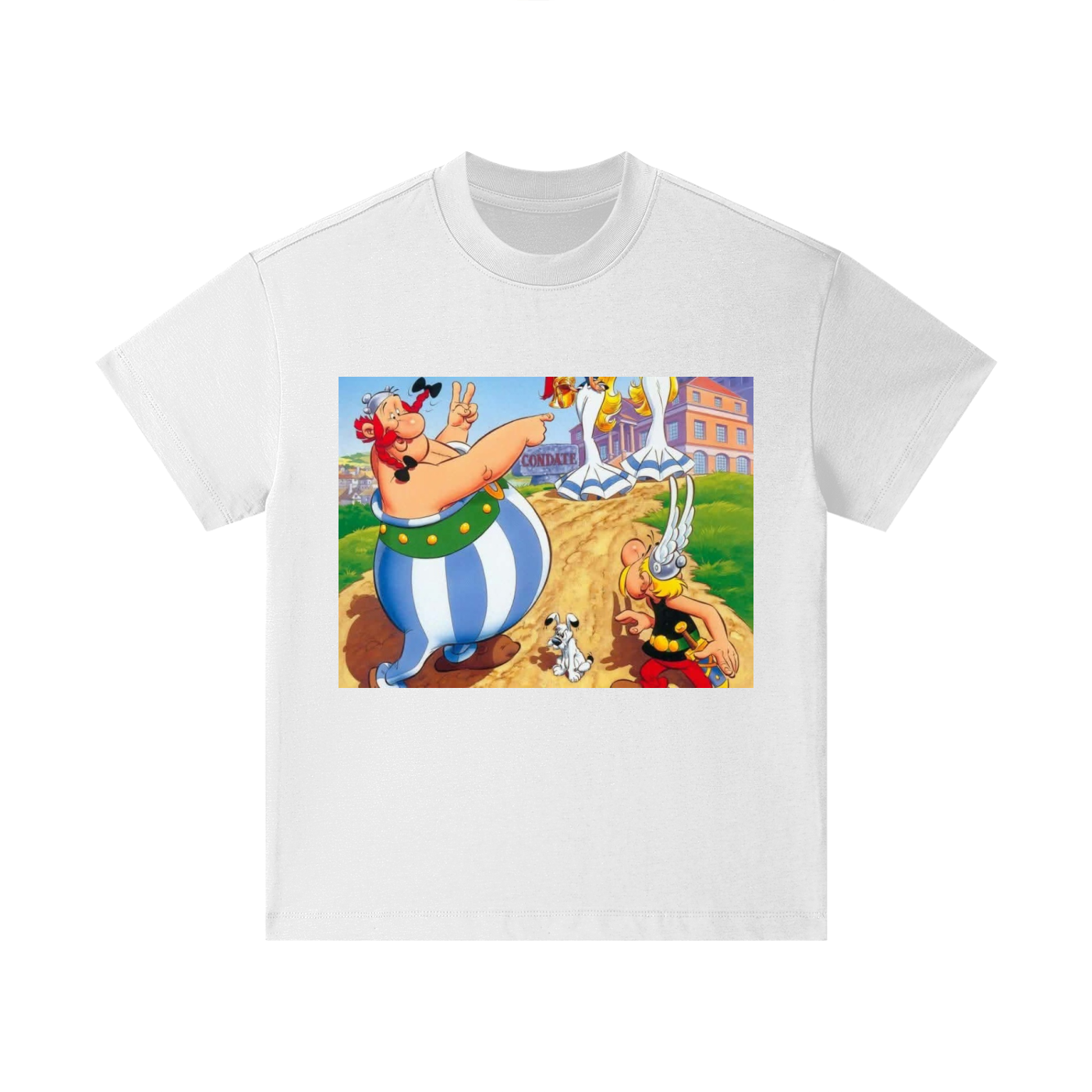 White t-shirt with Asterix and Obelix graphic on a white background