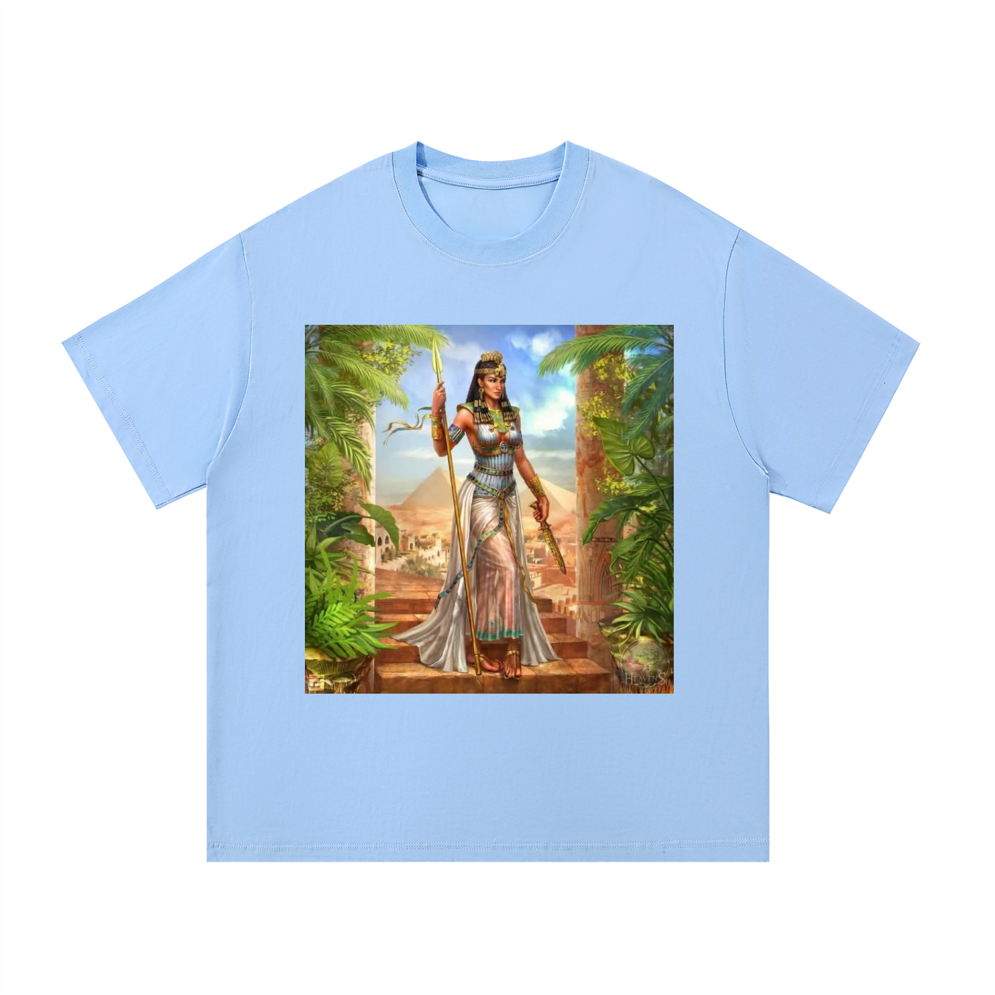 Light blue t-shirt with an Egyptian-themed graphic on a white background